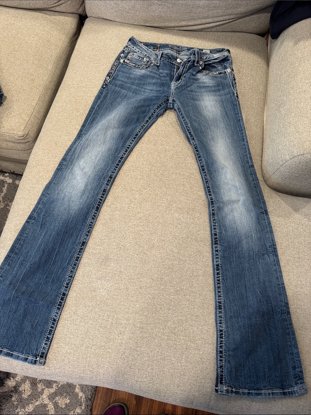 Miss Me Distressed Flared Jeans in Medium Blue
